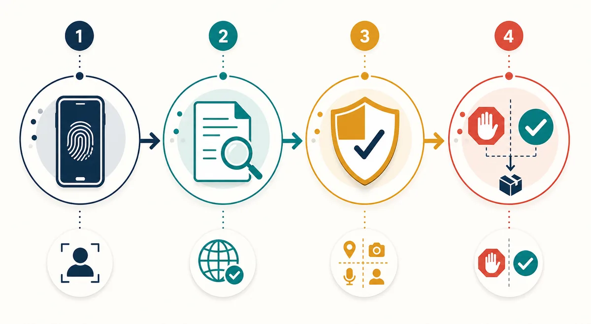 Flujo ilustrado para identificar el dispositivo, revisar la fuente, comprobar permisos y decidir si instalar