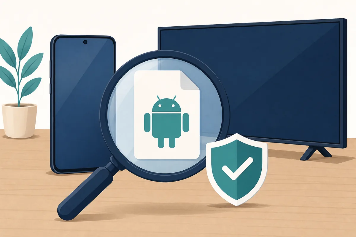 Ilustración editorial de un archivo APK Android revisado antes de instalarlo
