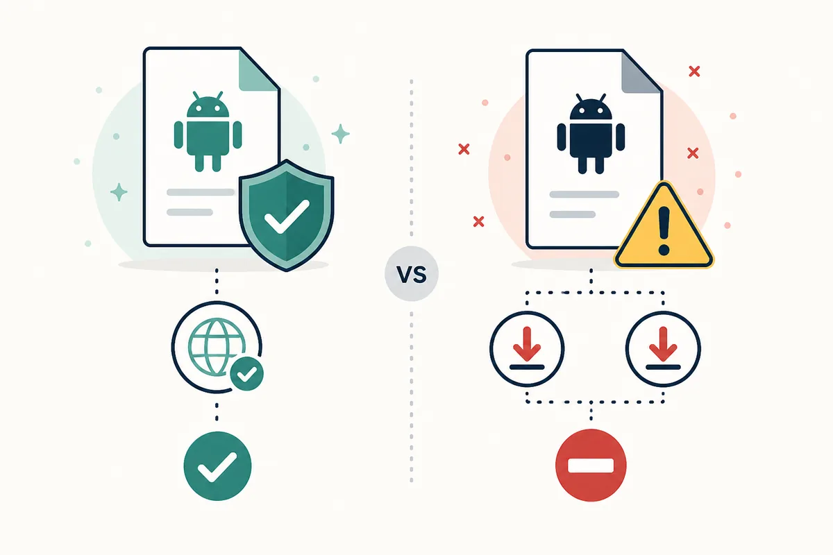 Comparación ilustrada entre una fuente de APK comprobable y un mirror sospechoso