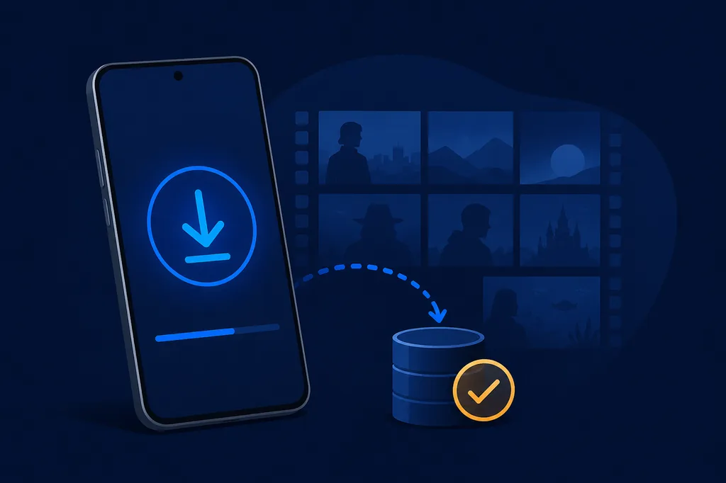 Ilustración editorial de un teléfono con descarga de contenido y comprobación de almacenamiento