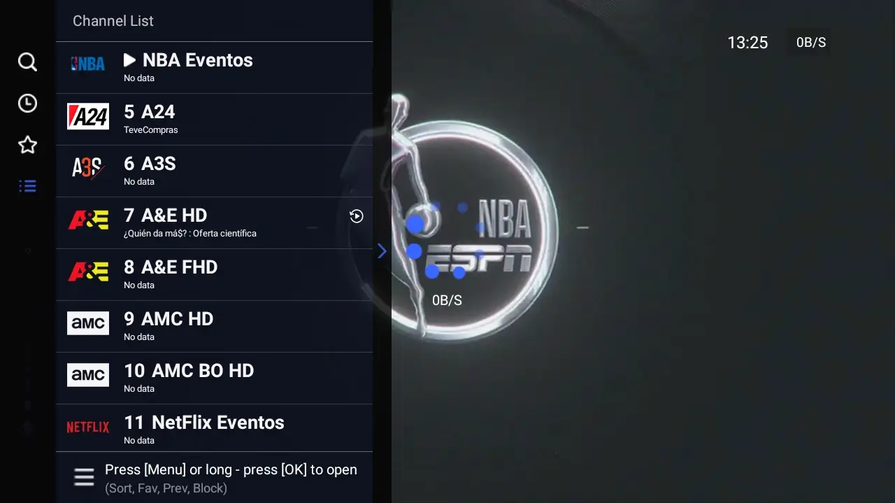 Menú deportivo de Xupertv APK en TV - Canales ESPN y deportes en vivo